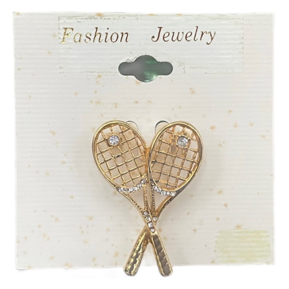 Vintage Tennis Lovers Luxury Brooch Gold Crystal Rhinestone Coquette Girl Sports